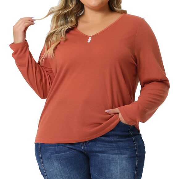 Plus Size Tshirt Women Casual Tops Button Front Long Sleeve Tee Top Orange - Picture 1 of 6